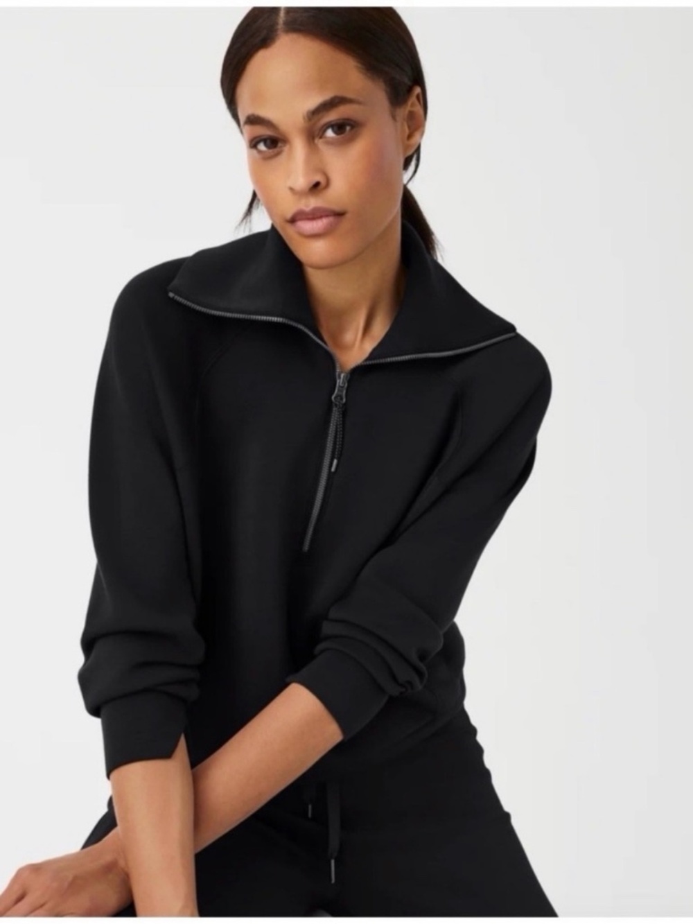Spanx AirEssentials Black Half Zip Pullover Long Sleeve Split Cuff Size XS SOFT!